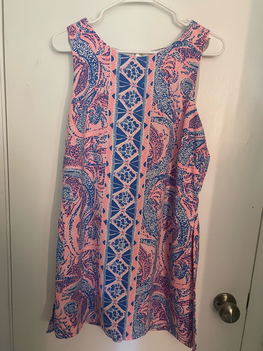 Lilly Pulitzer Coral Pink and Cobalt Blue Printed Romper Dress.